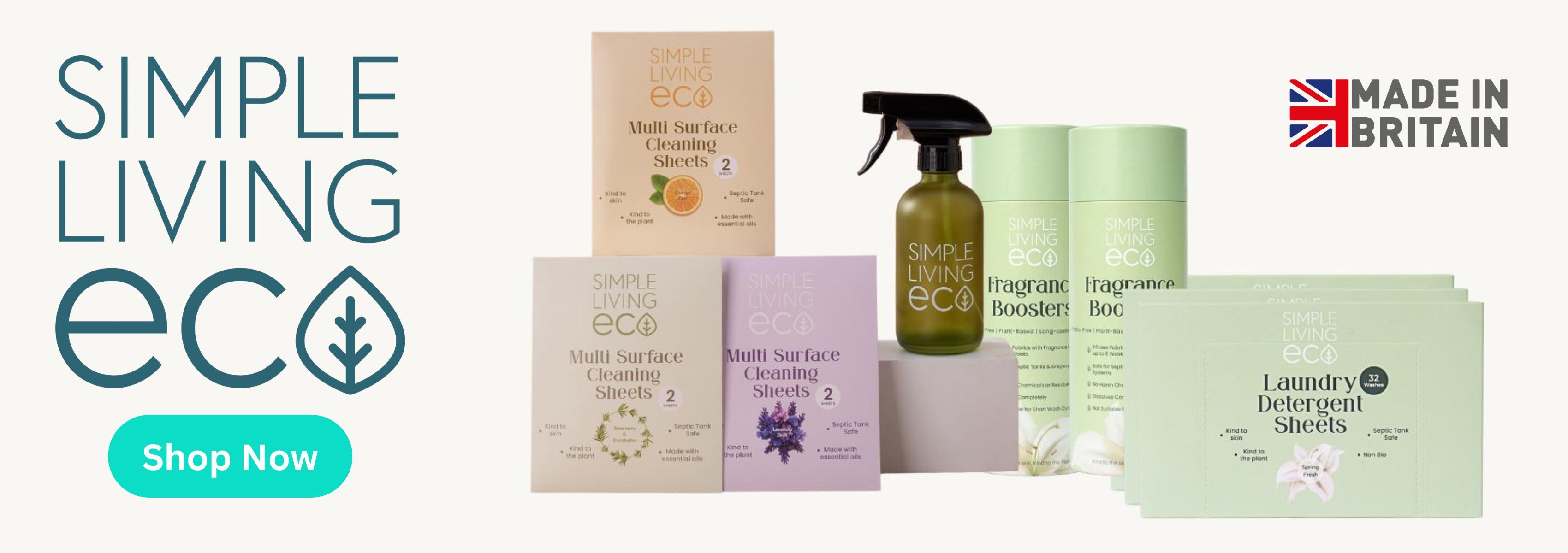 Collection of eco-friendly products with 'Simple Living Eco' branding and 'Made in Britain' label.