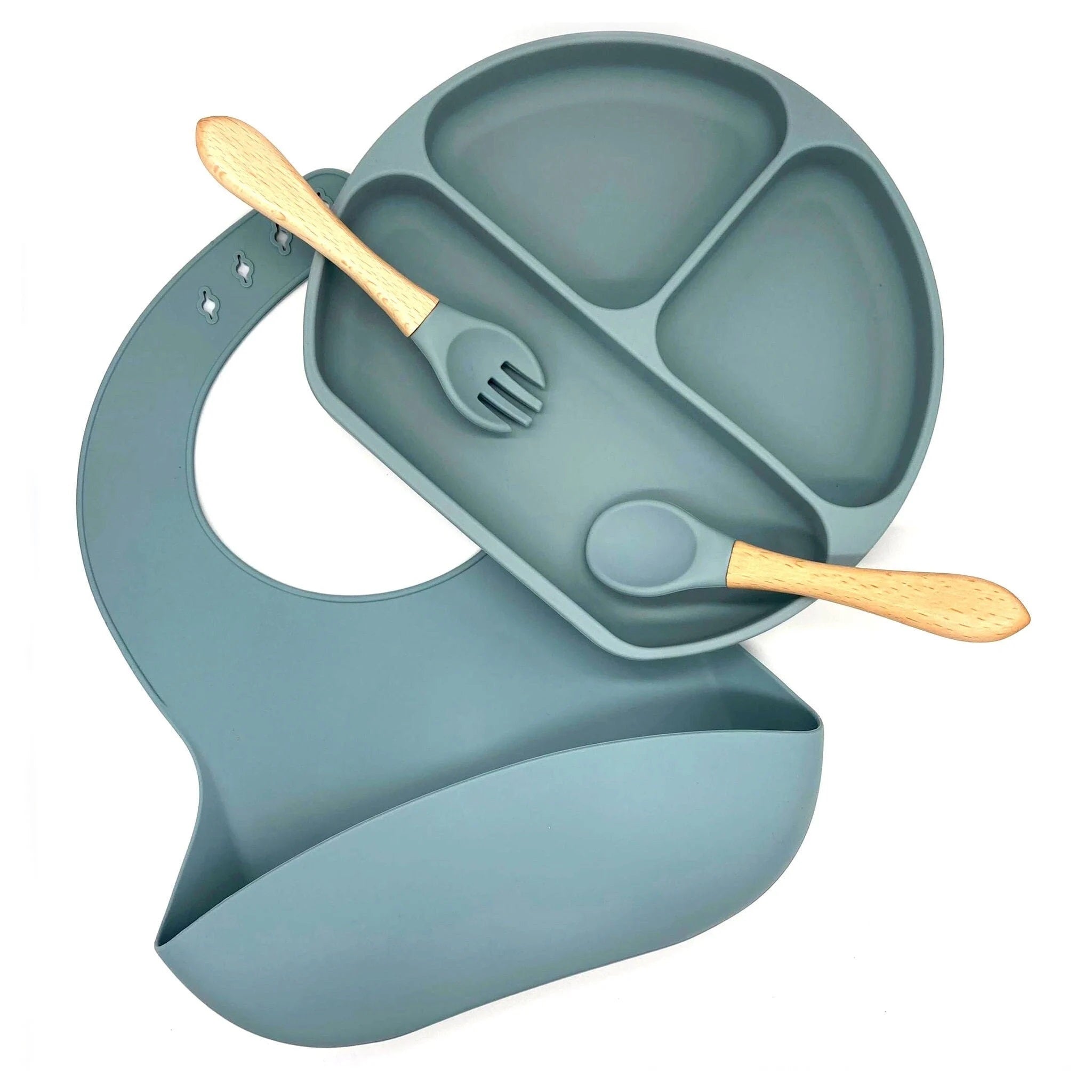 Baby Plastic Free Feeding 4 Pieces Set With Bowl, Bib & Fork, Spoon - Blue - REGN