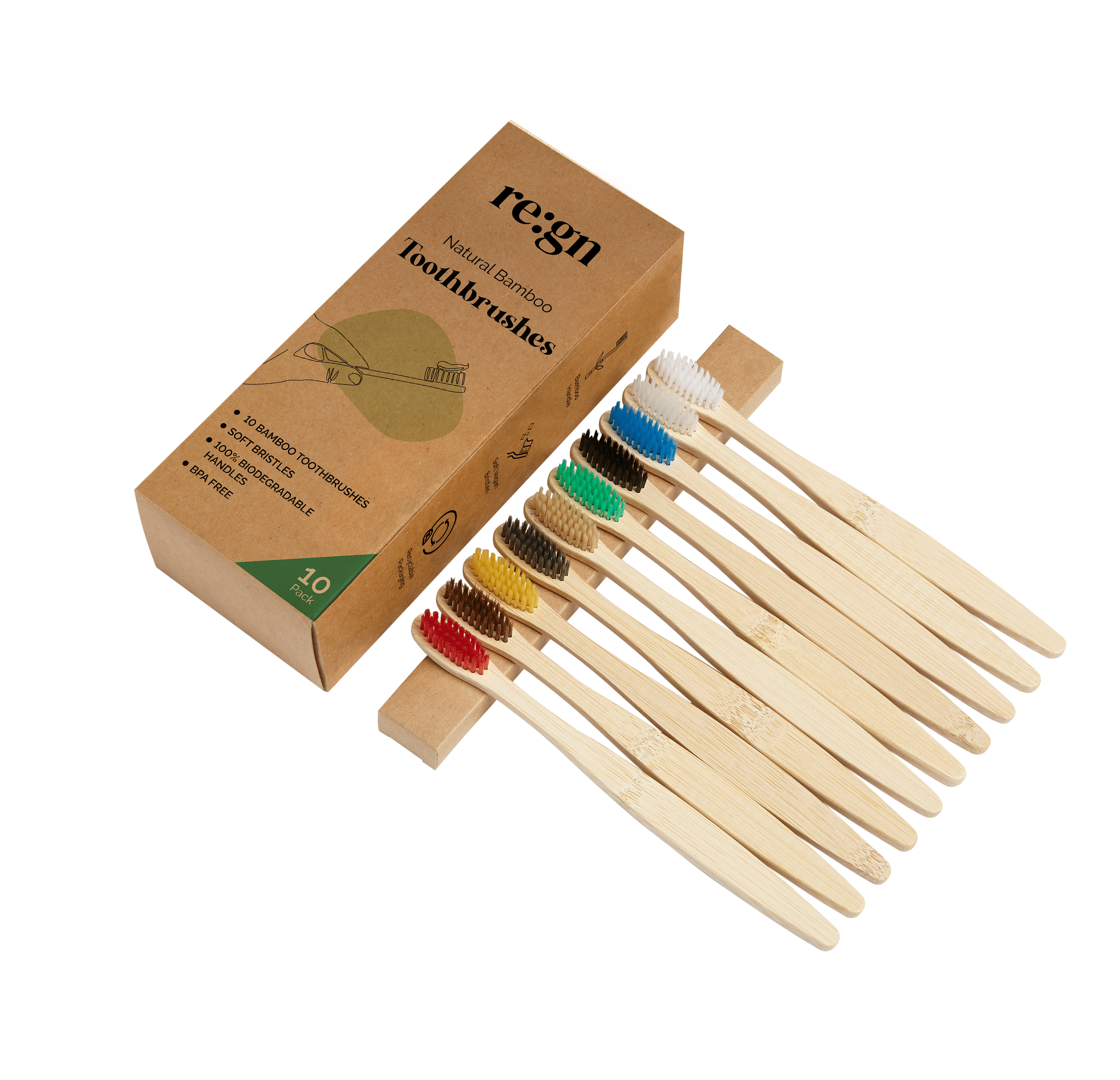 Bamboo Eco Friendly Toothbrushes Multi Colour 10 Pack - Adult - Buy One Get One Half Price! - REGN