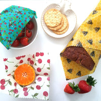 Beeswax Food Wraps Classic Set of 3 | Bees & Cherries Design