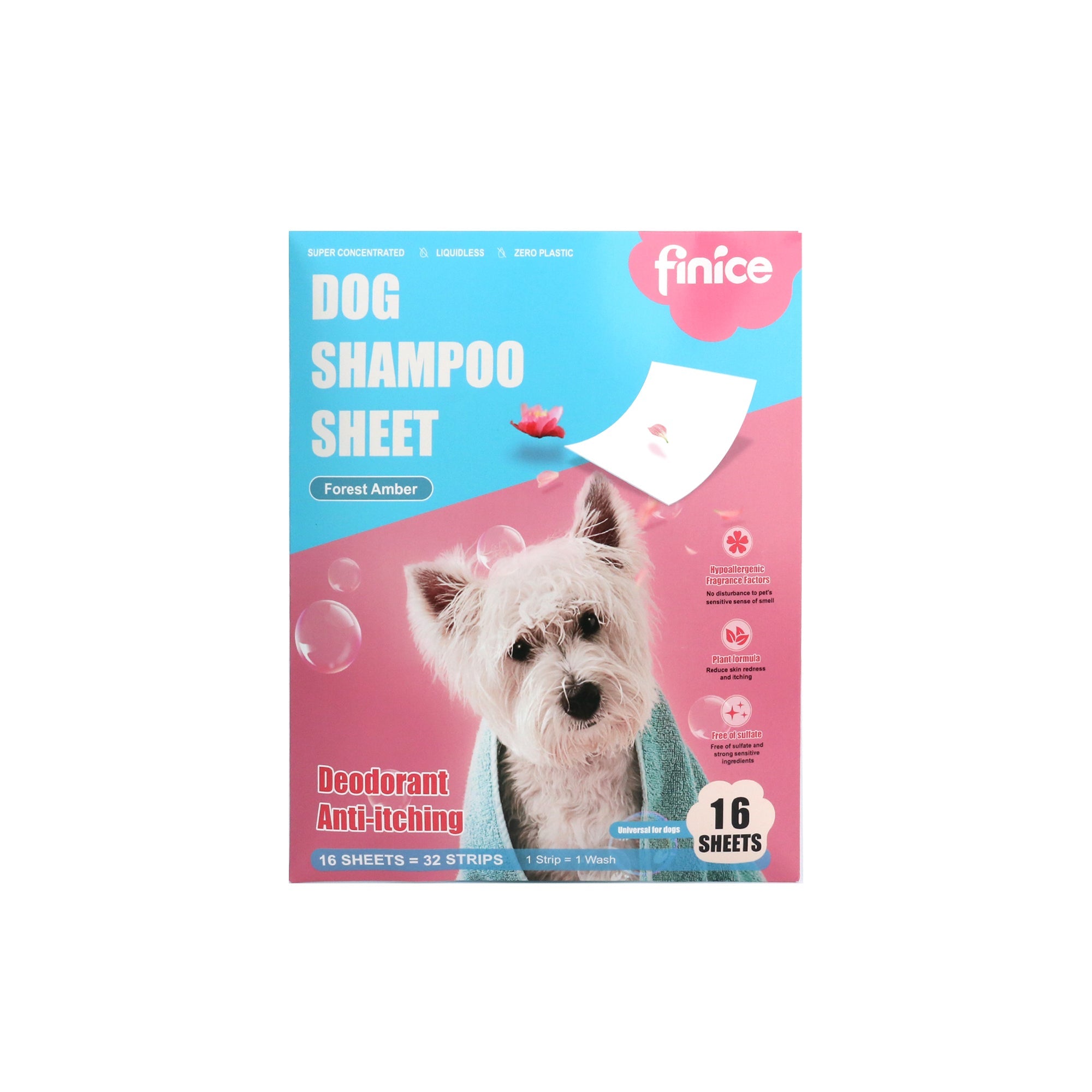 Finice Dog Shampoo Sheets – Plant - Based, Deodorising & Anti - Itch, Forest Amber, 32 Washes - REGN