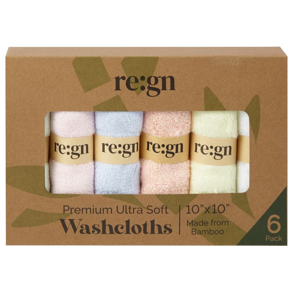 Re:gn Organic Bamboo Face Cloths – Ultra - Soft Eco Washcloths, Pastel 6 Pack - REGN