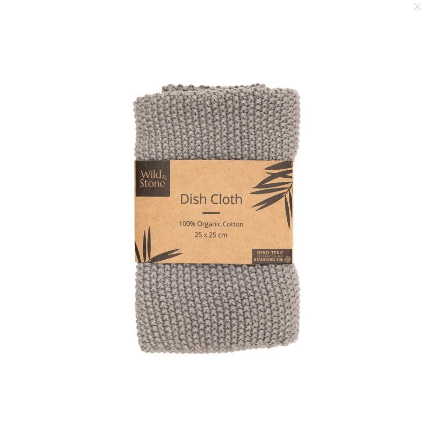 Wild Stone 100% Organic Cotton Dishcloth - Eco Hand Knitted Cloths, Dove Grey - REGN