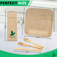 Reusable Bamboo Cutlery With Bamboo Plates And Travel Pouch