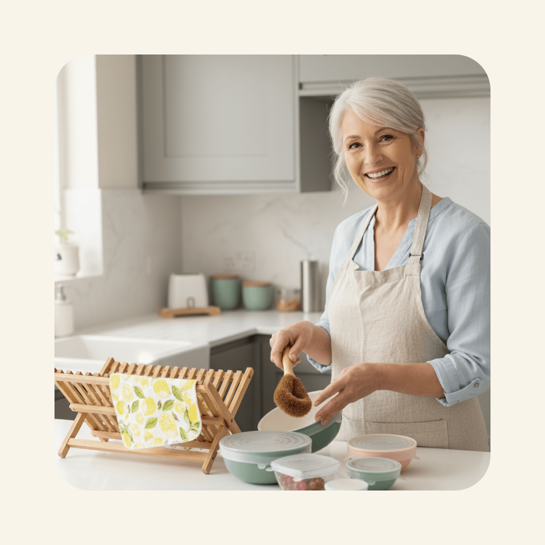 An older lady using plastic free kitchen swaps in her kitchen
