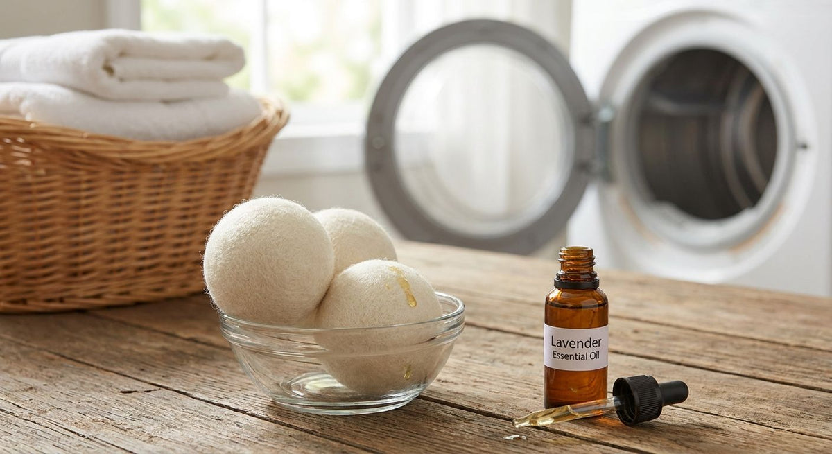 Wool dryer balls with essential oils for scented laundry