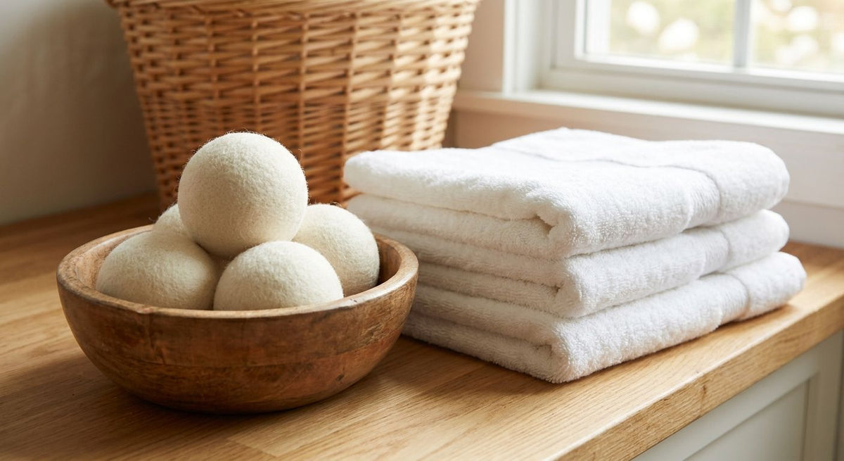 Wool dryer balls for fluffing towels without softener