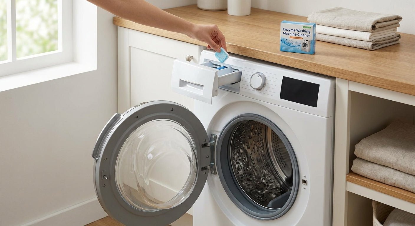 Enzyme washing machine cleaner for front loaders