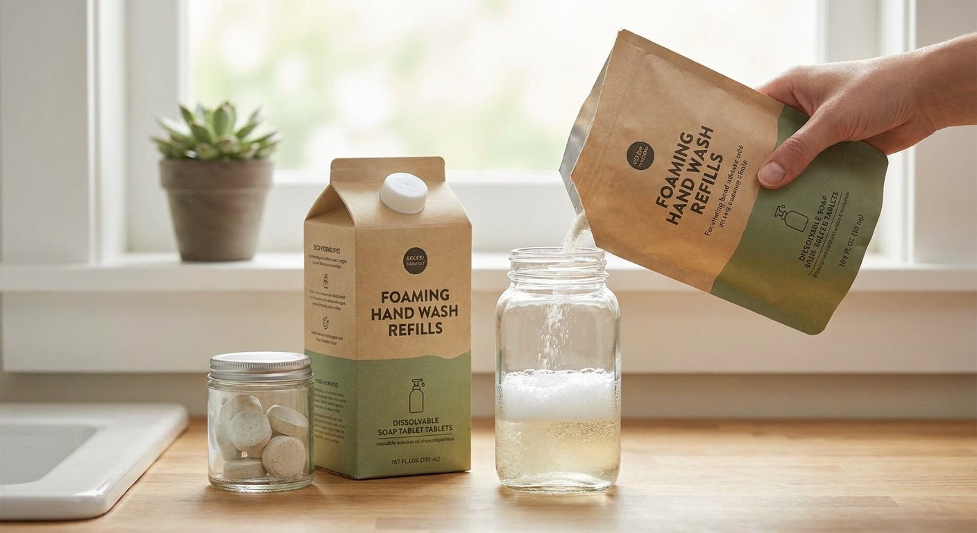 Foaming hand wash refills for reducing plastic waste