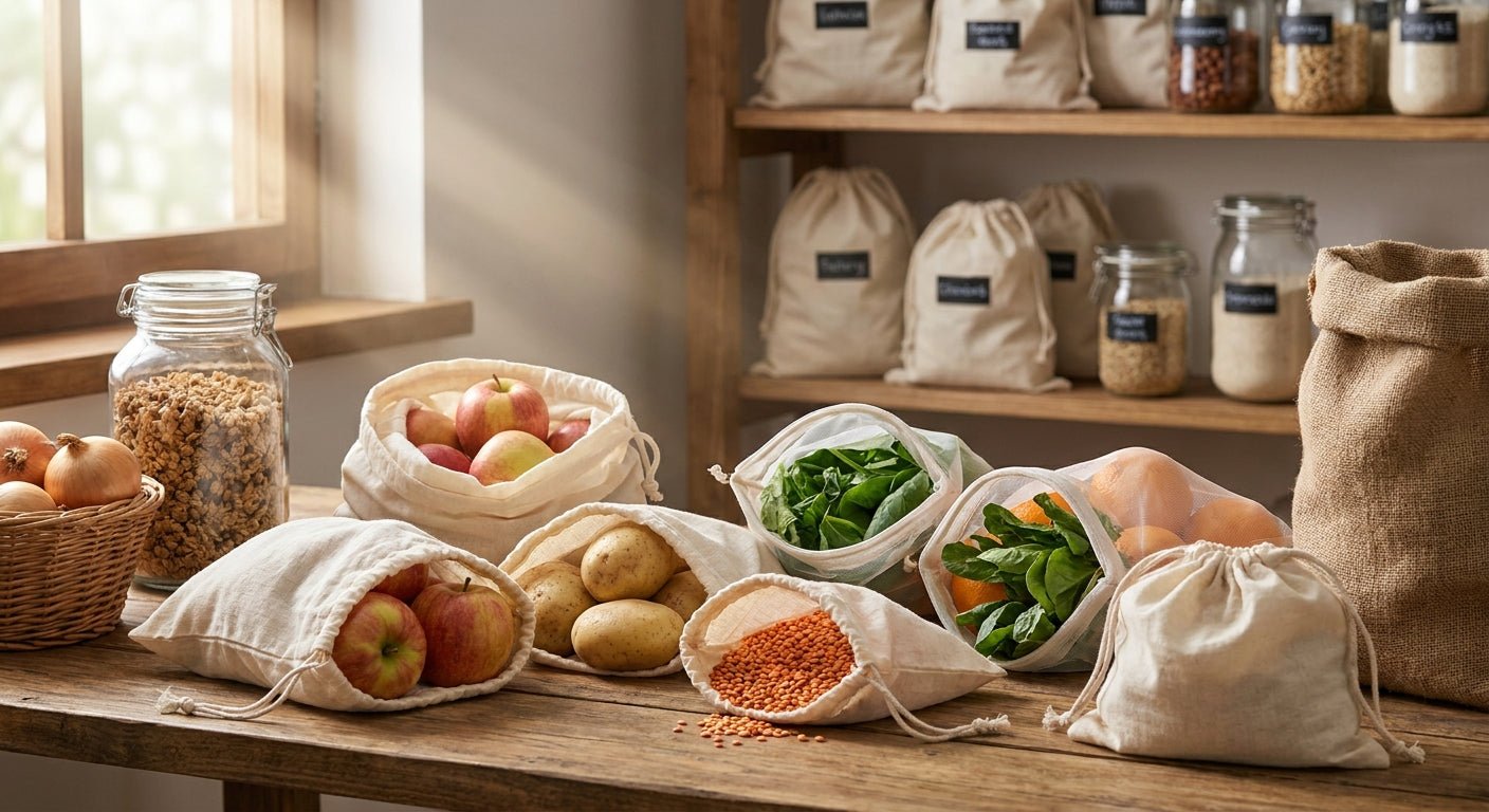 Reusable produce bags for bulk buying and pantry storage