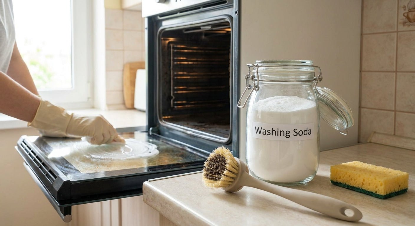 Washing soda for cleaning ovens