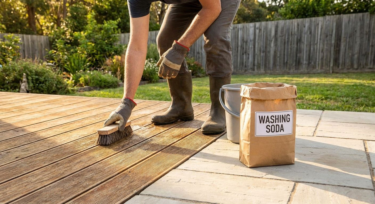 Washing soda for cleaning outdoor patios and decking