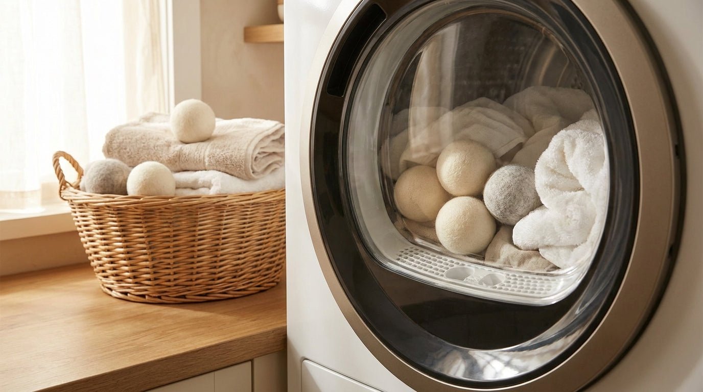 Wool dryer balls for reducing tumble dryer time