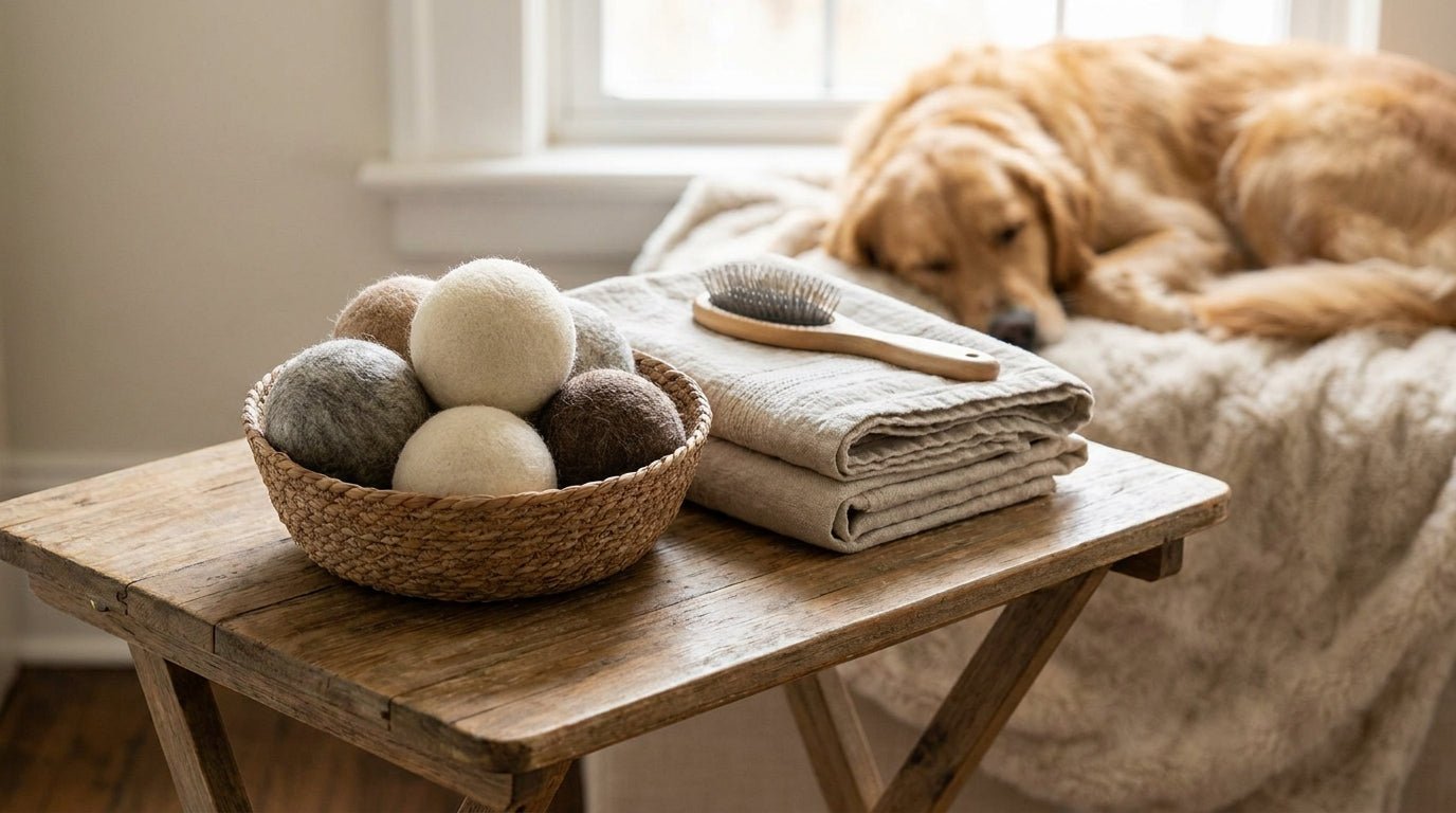 Wool dryer balls for pet hair reduction