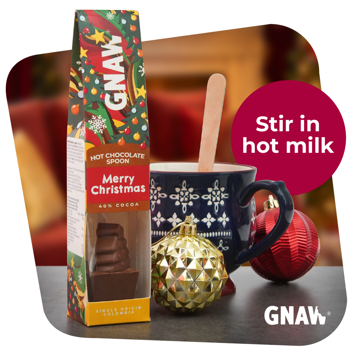 GNAW Merry Christmas Tree Hot Chocolate Spoon | 40% Colombian Milk Chocolate