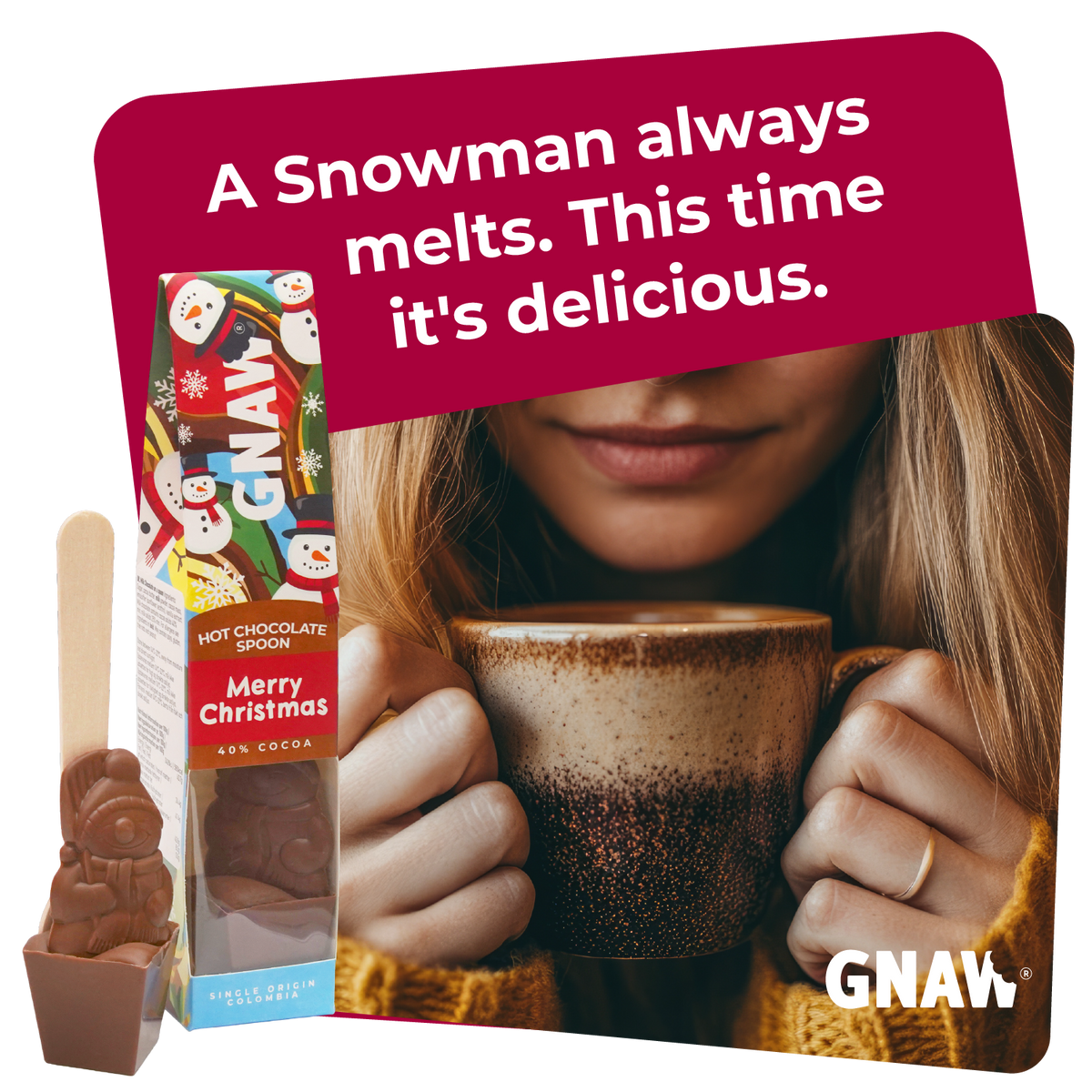 GNAW Merry Christmas Snowman Hot Chocolate Spoon | 40% Colombian Milk Chocolate