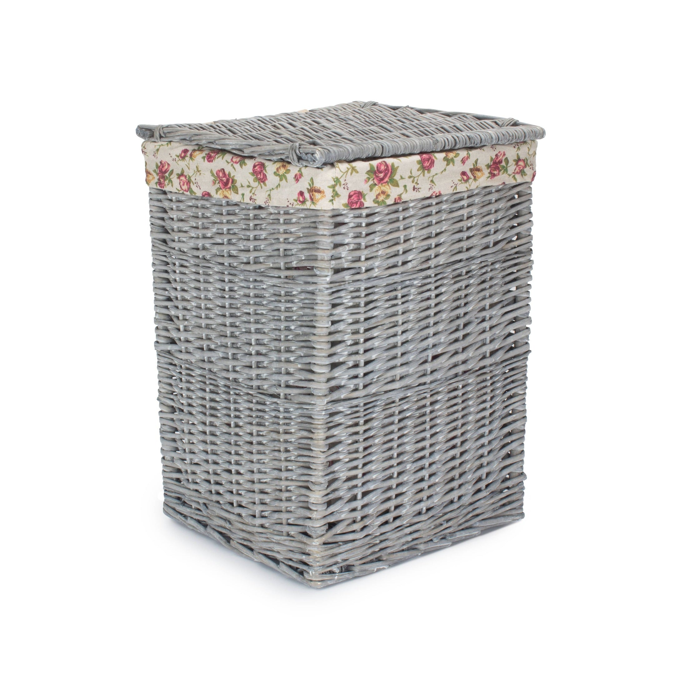Grey Wash Willow Small Square Laundry Basket with Garden Rose Lining