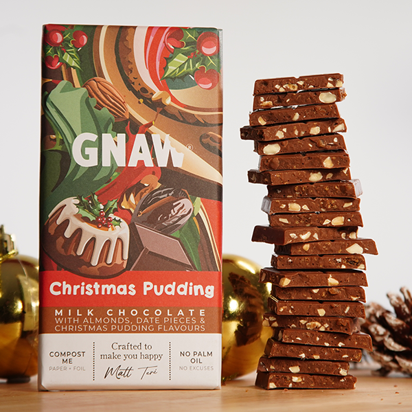 GNAW Christmas Pudding Milk Chocolate Bar 80g | Almonds, Dates & Festive Spices | 40% Colombian Cocoa