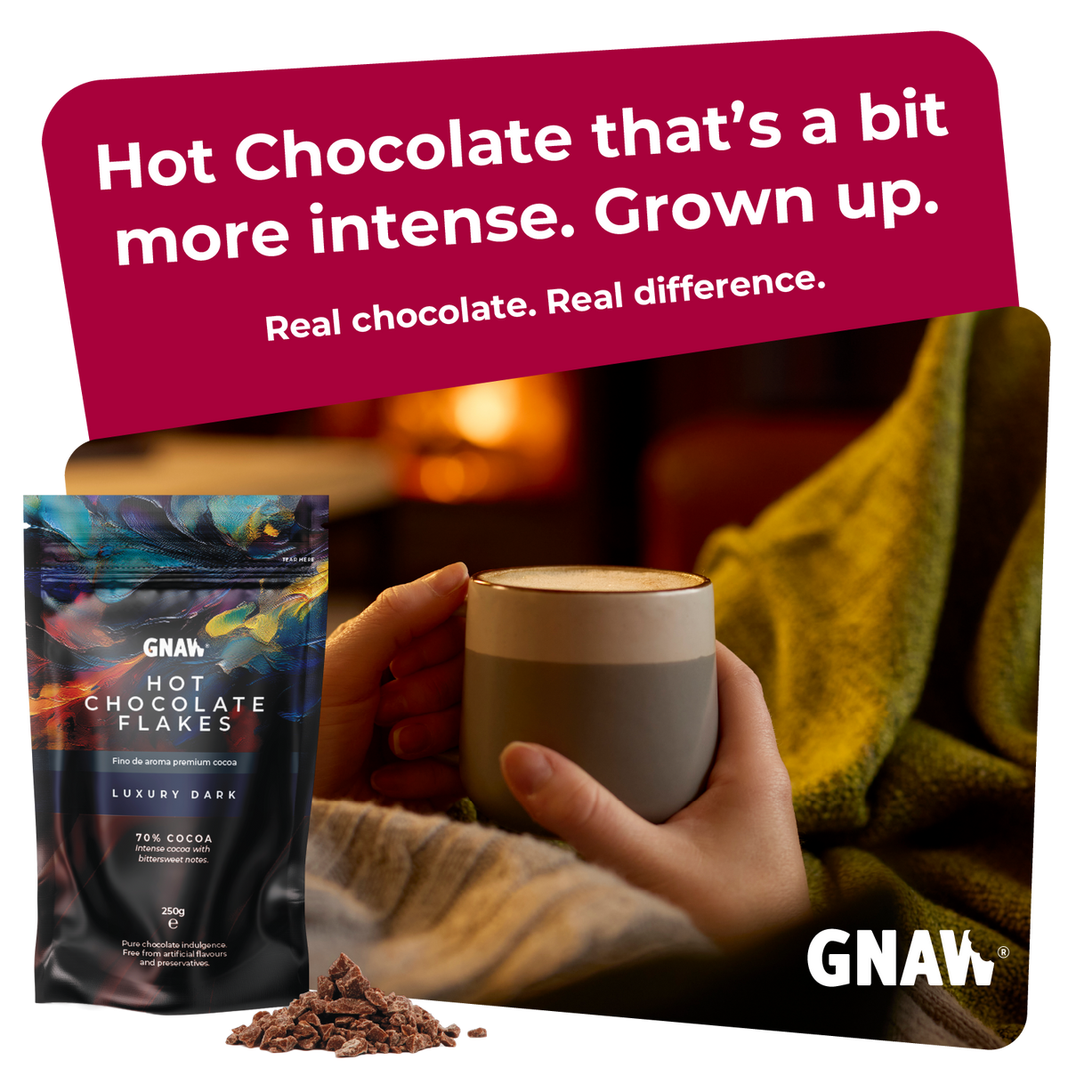 GNAW Dark Hot Chocolate Flakes | 70% Single-Origin Colombian Cocoa | Luxury Drinking Chocolate