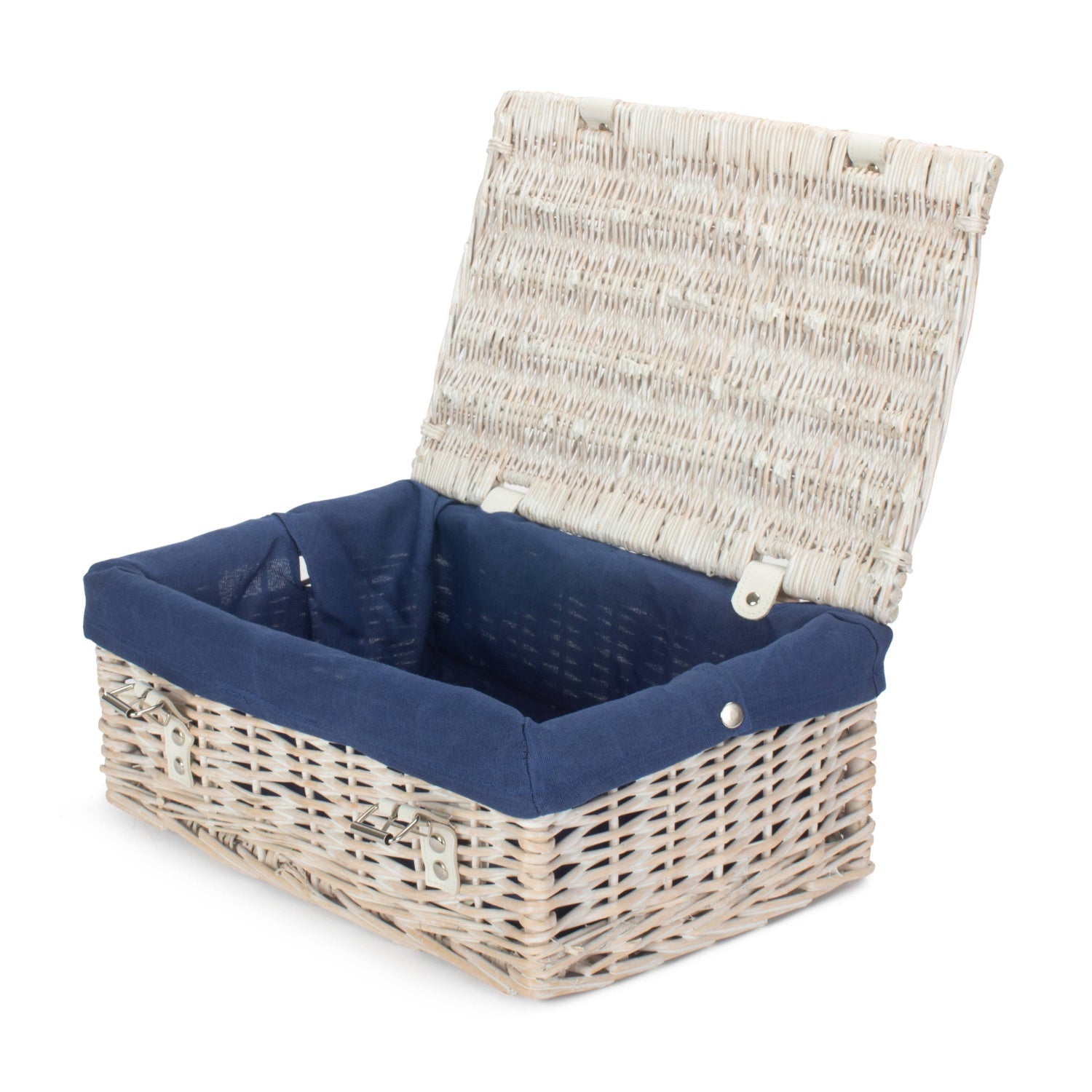 14 Inch Empty White Wash Wicker Hamper Basket with Navy Blue Lining - REGN