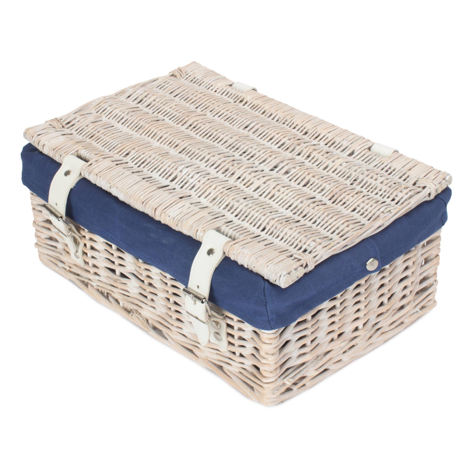14 Inch Empty White Wash Wicker Hamper Basket with Navy Blue Lining - REGN