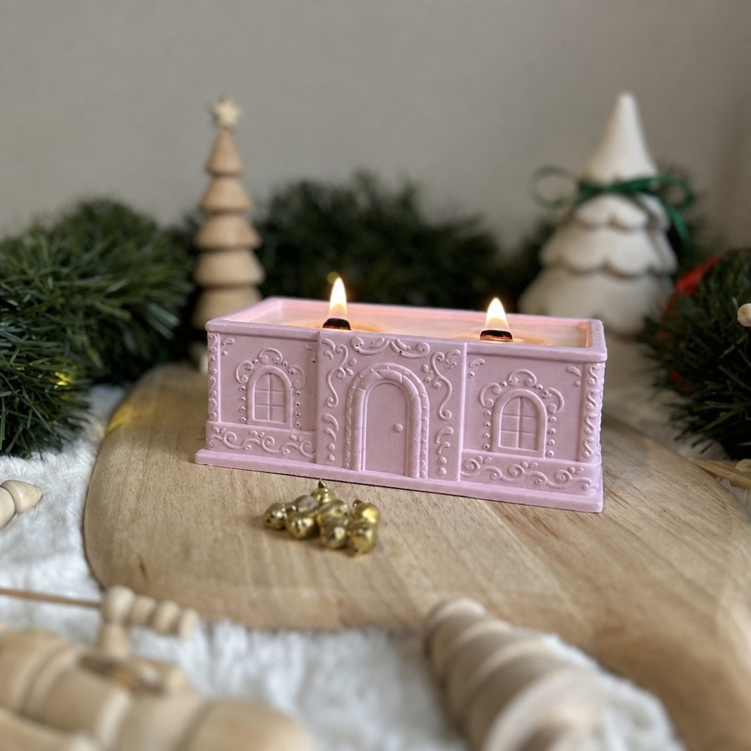 Pink Christmas Cottage Soy Wax Candle – Peppermint Candy Cane | 64 Hour Burn