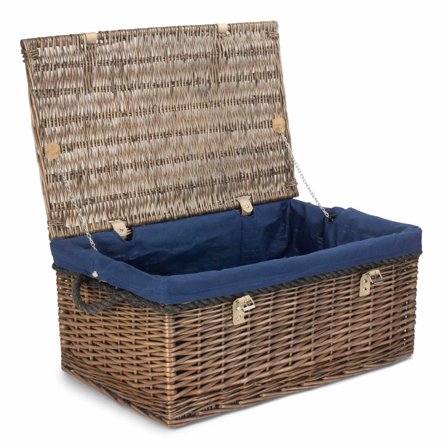 24 Inch Antique Wash Willow Rope Handled Trunk with Navy Blue Lining - REGN