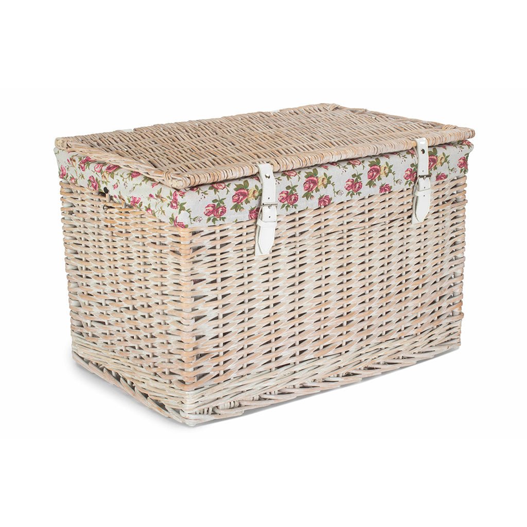 24 Inch White Wash Willow Chest Hamper with Garden Rose Lining - REGN