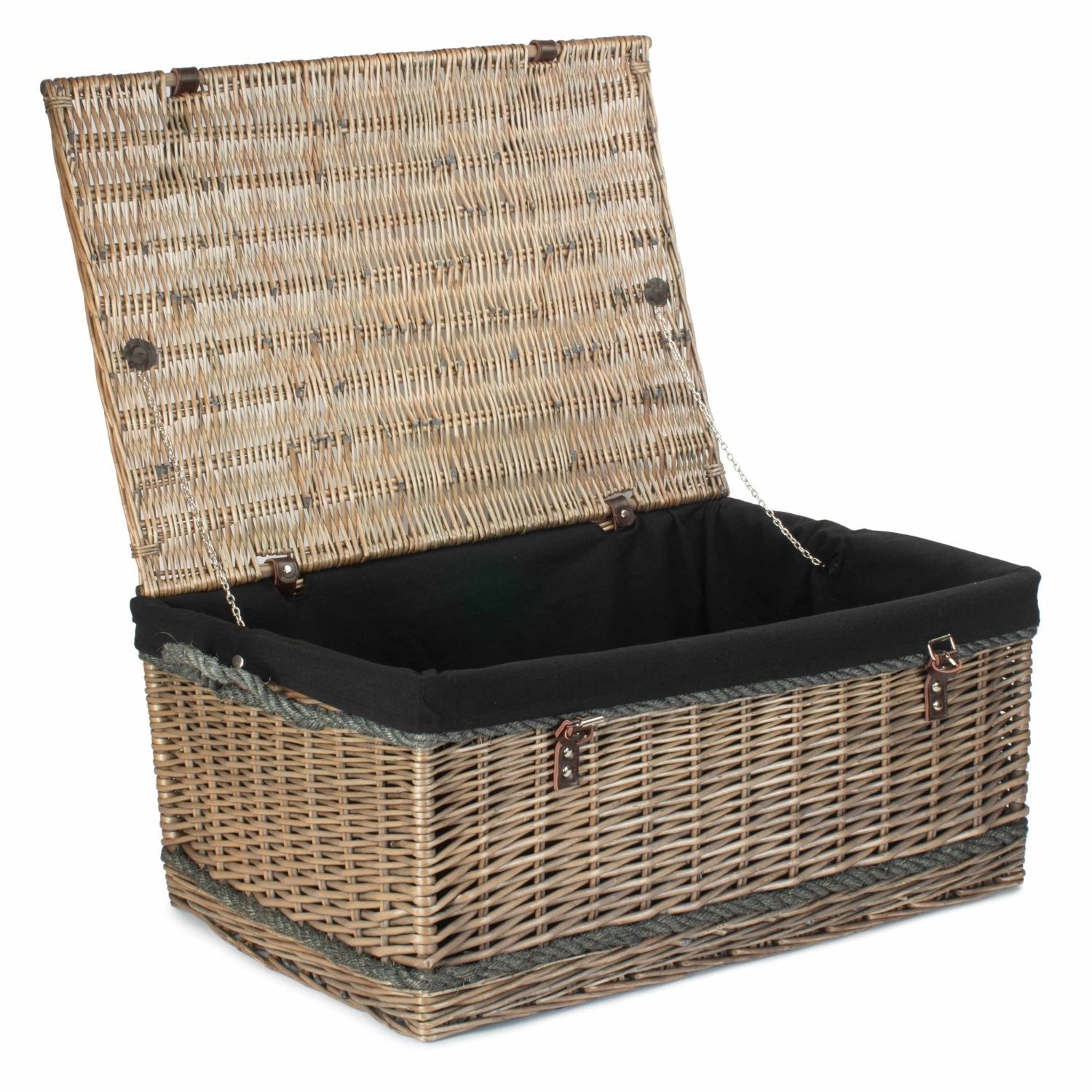 28 Inch Antique Wash Willow Rope Handled Hamper Trunk with Black Lining - REGN