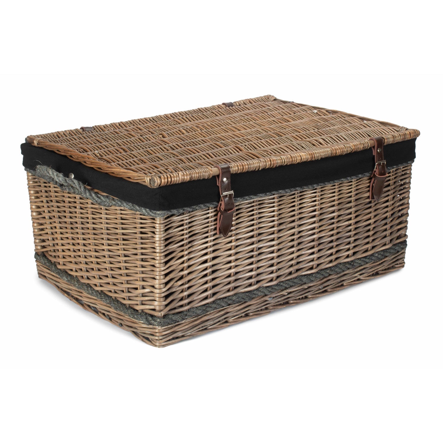 28 Inch Antique Wash Willow Rope Handled Hamper Trunk with Black Lining - REGN
