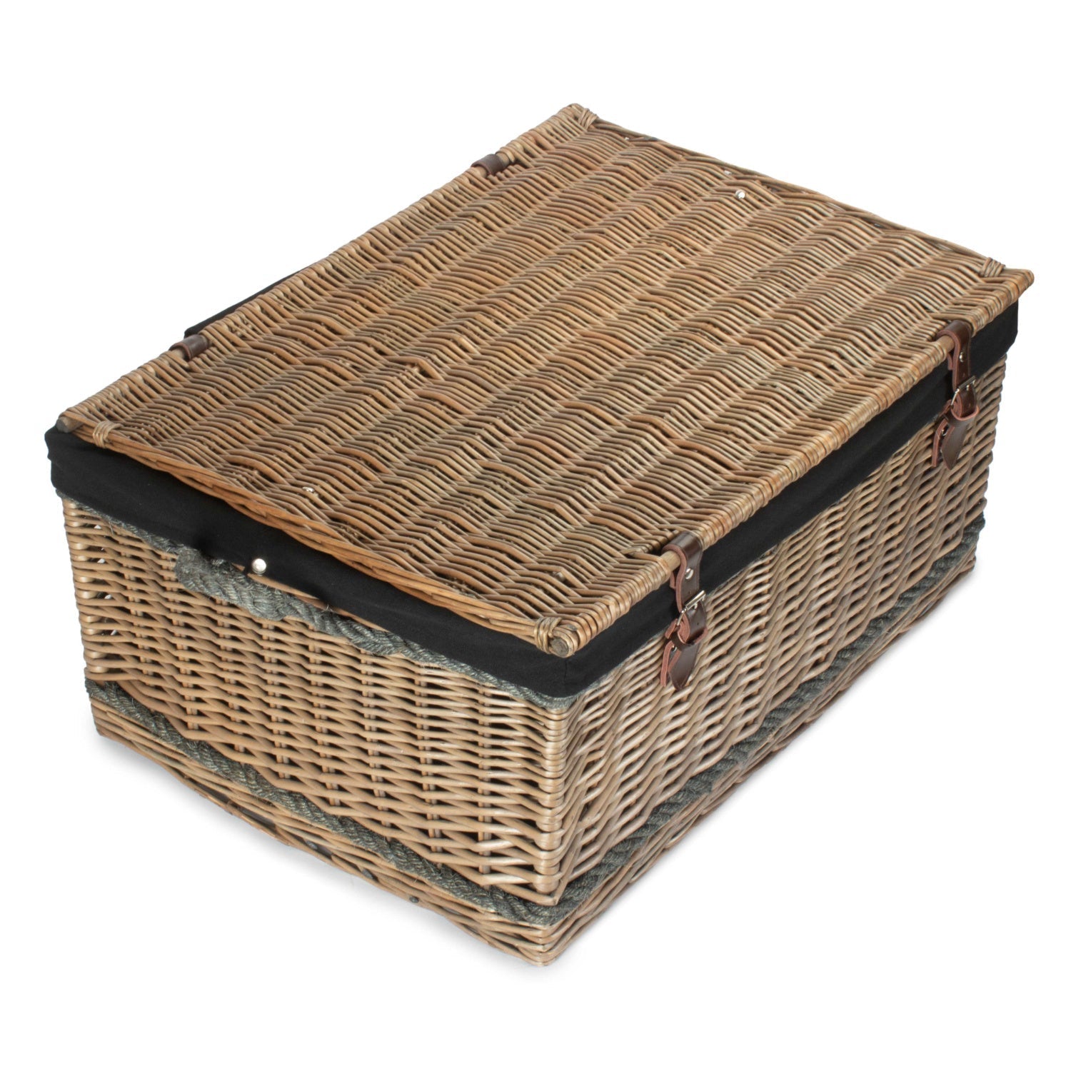 28 Inch Antique Wash Willow Rope Handled Hamper Trunk with Black Lining - REGN
