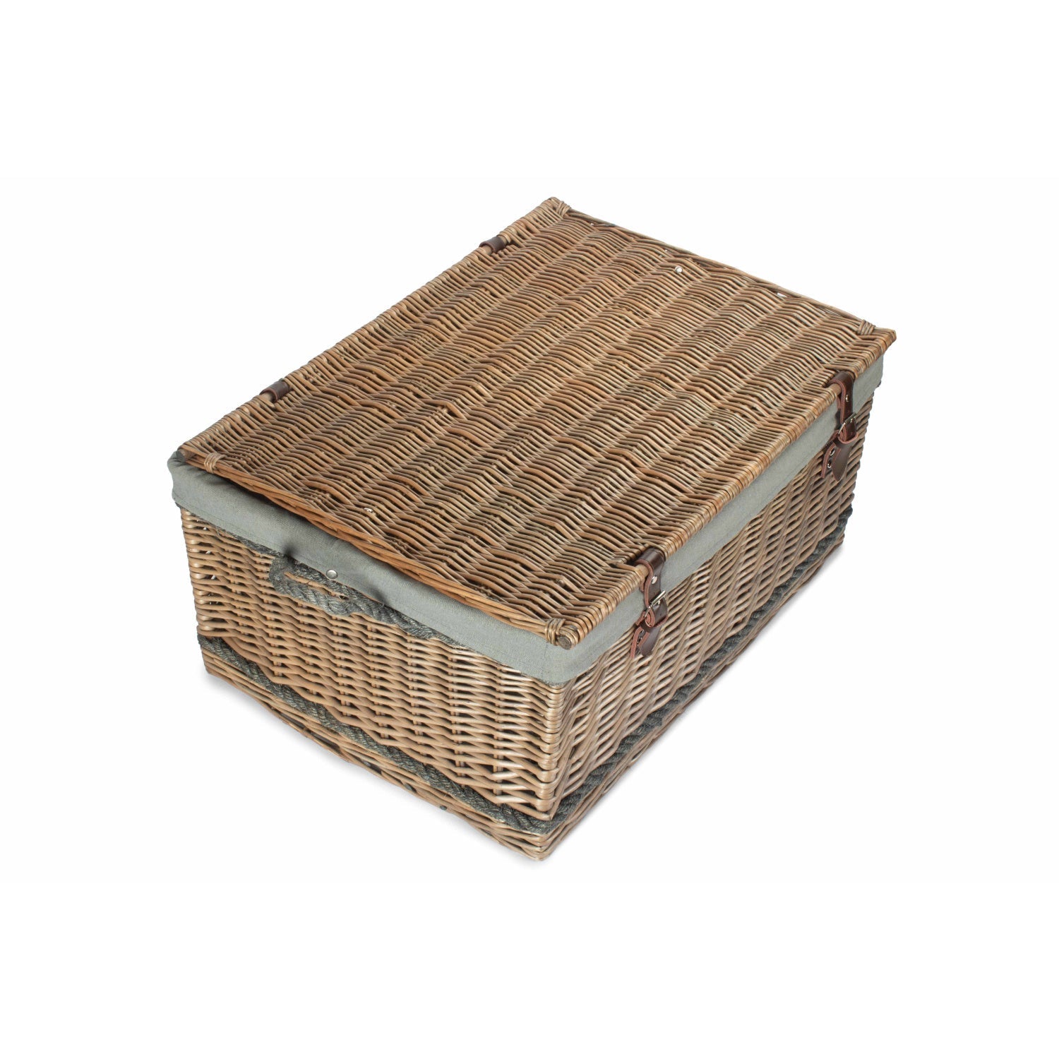 28 Inch Antique Wash Willow Rope Handled Hamper Trunk with Grey Sage Lining - REGN