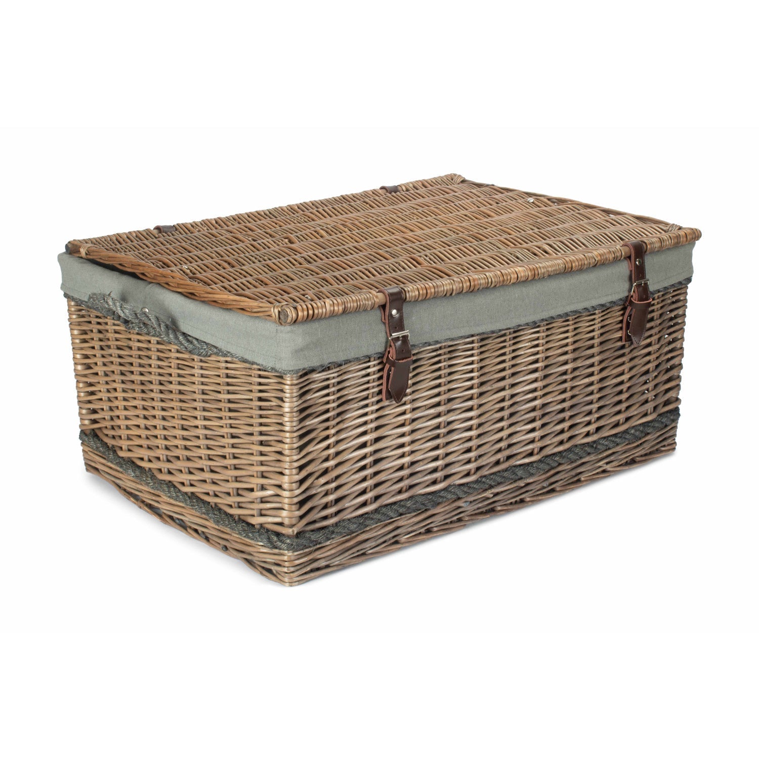 28 Inch Antique Wash Willow Rope Handled Hamper Trunk with Grey Sage Lining - REGN