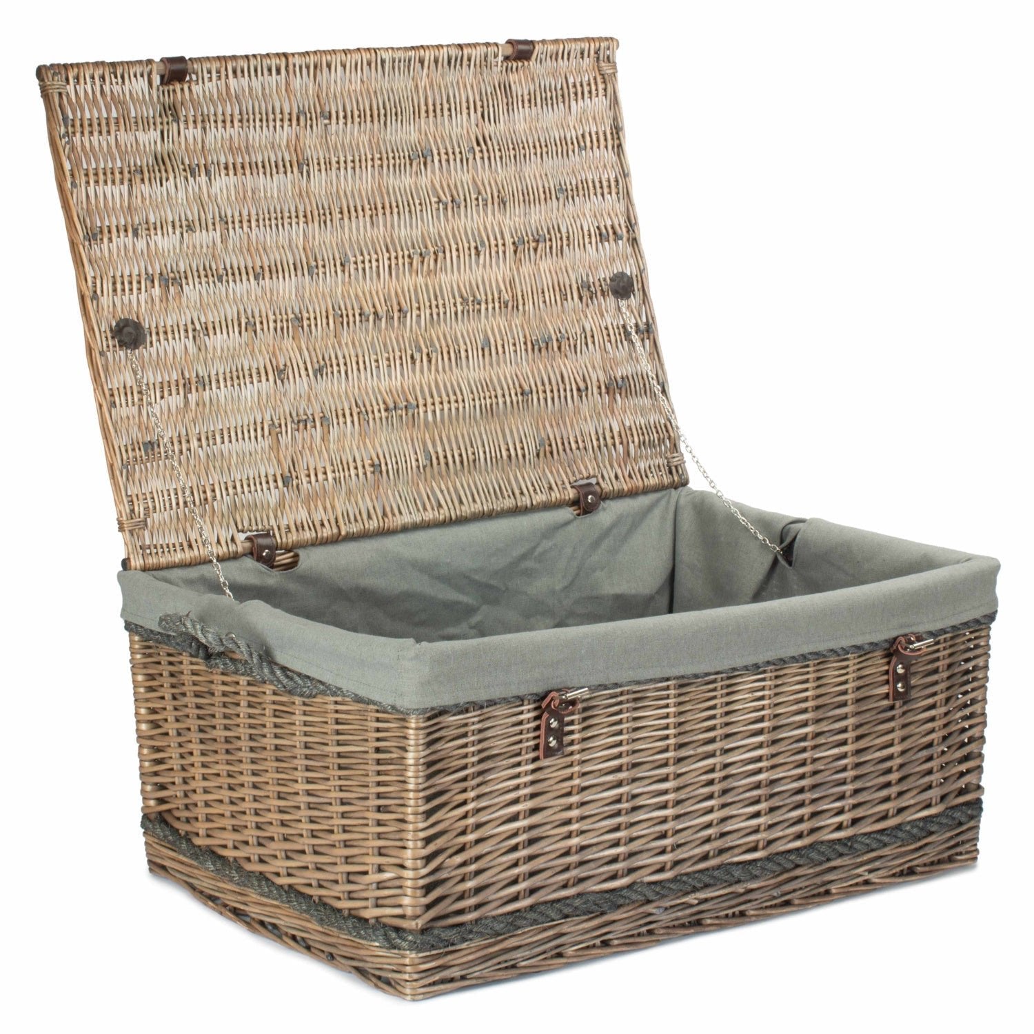 28 Inch Antique Wash Willow Rope Handled Hamper Trunk with Grey Sage Lining - REGN