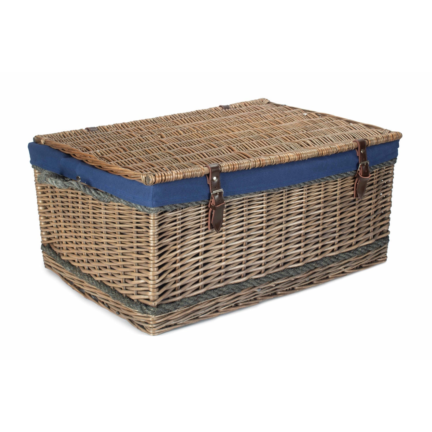 28 Inch Antique Wash Willow Rope Handled Hamper Trunk with Navy Blue Lining - REGN