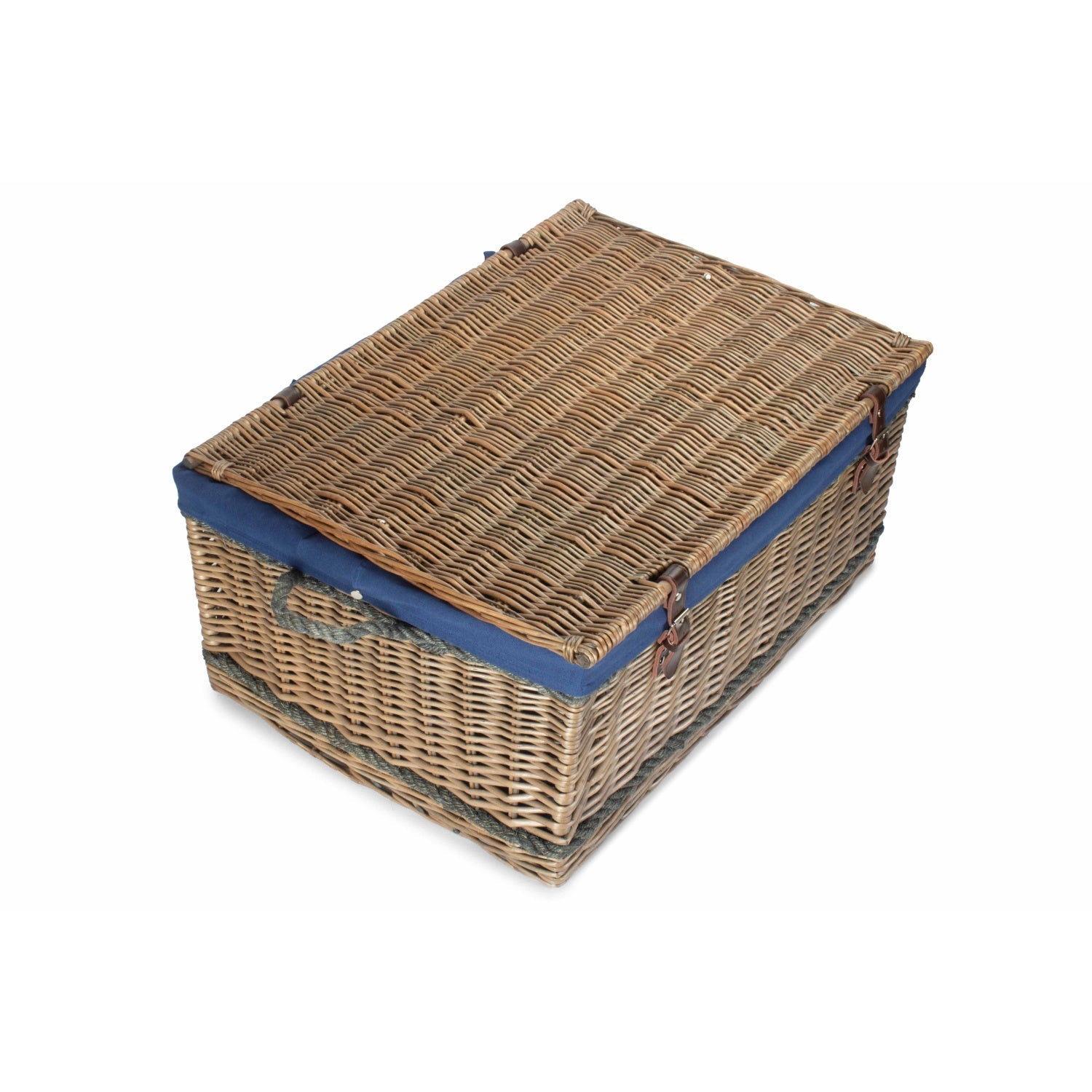 28 Inch Antique Wash Willow Rope Handled Hamper Trunk with Navy Blue Lining - REGN