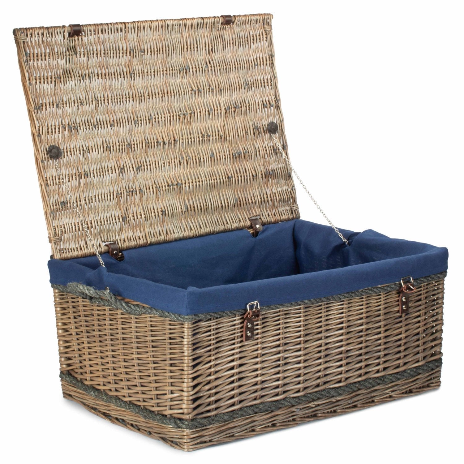 28 Inch Antique Wash Willow Rope Handled Hamper Trunk with Navy Blue Lining - REGN