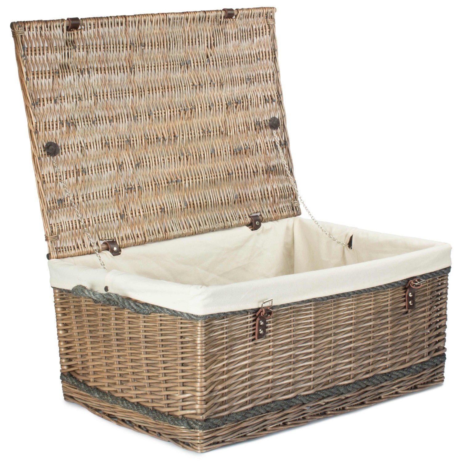 28 Inch Antique Wash Willow Rope Handled Hamper Trunk with White Lining - REGN