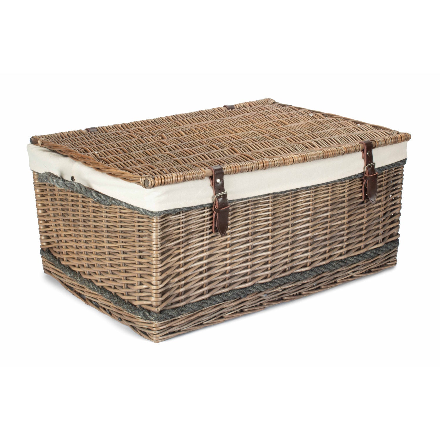 28 Inch Antique Wash Willow Rope Handled Hamper Trunk with White Lining - REGN