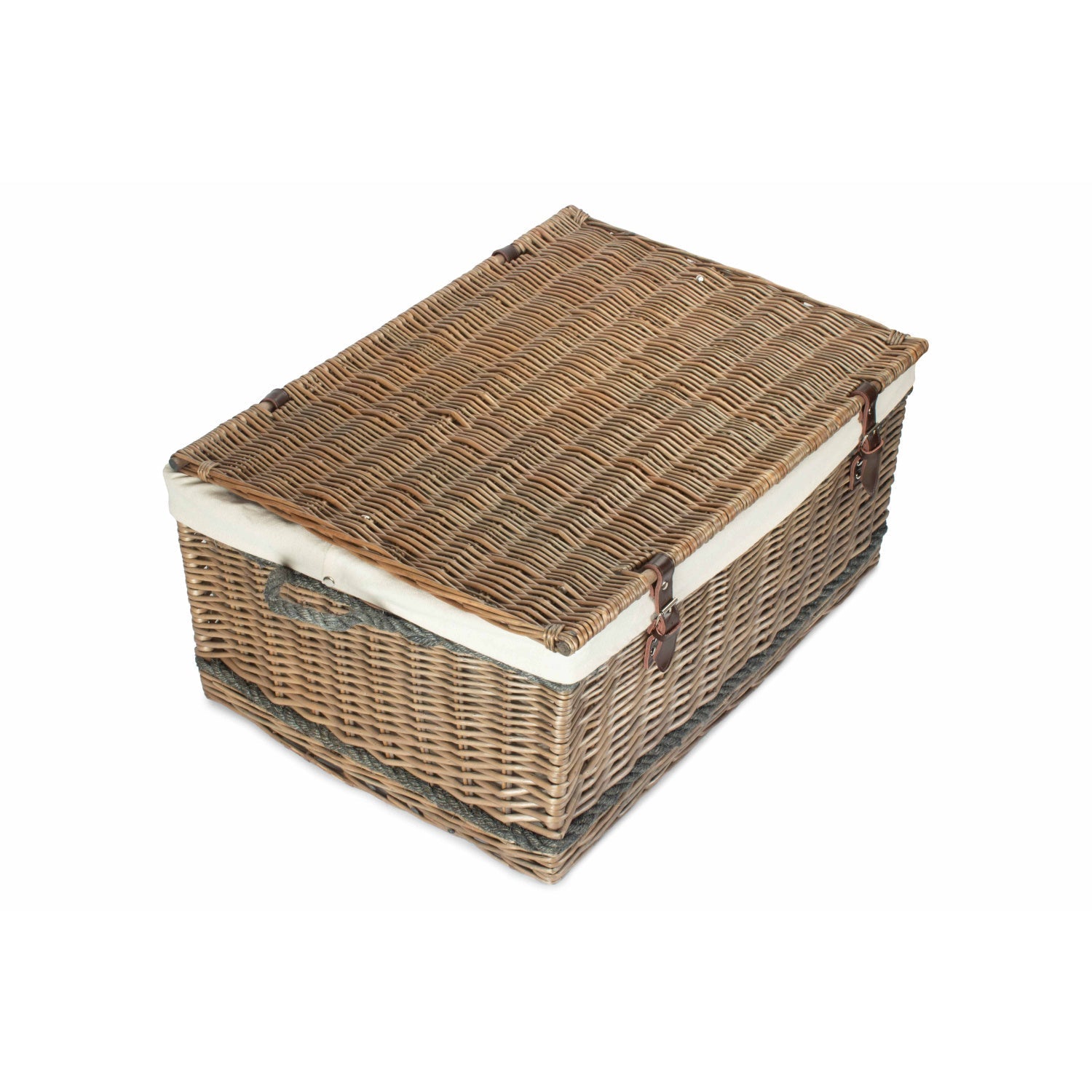 28 Inch Antique Wash Willow Rope Handled Hamper Trunk with White Lining - REGN