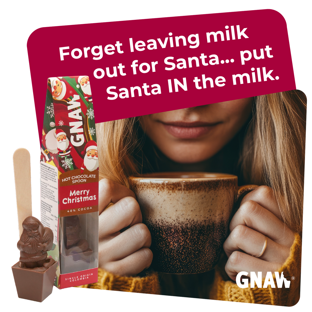 GNAW Merry Christmas Santa Hot Chocolate Spoon | 40% Colombian Milk Chocolate