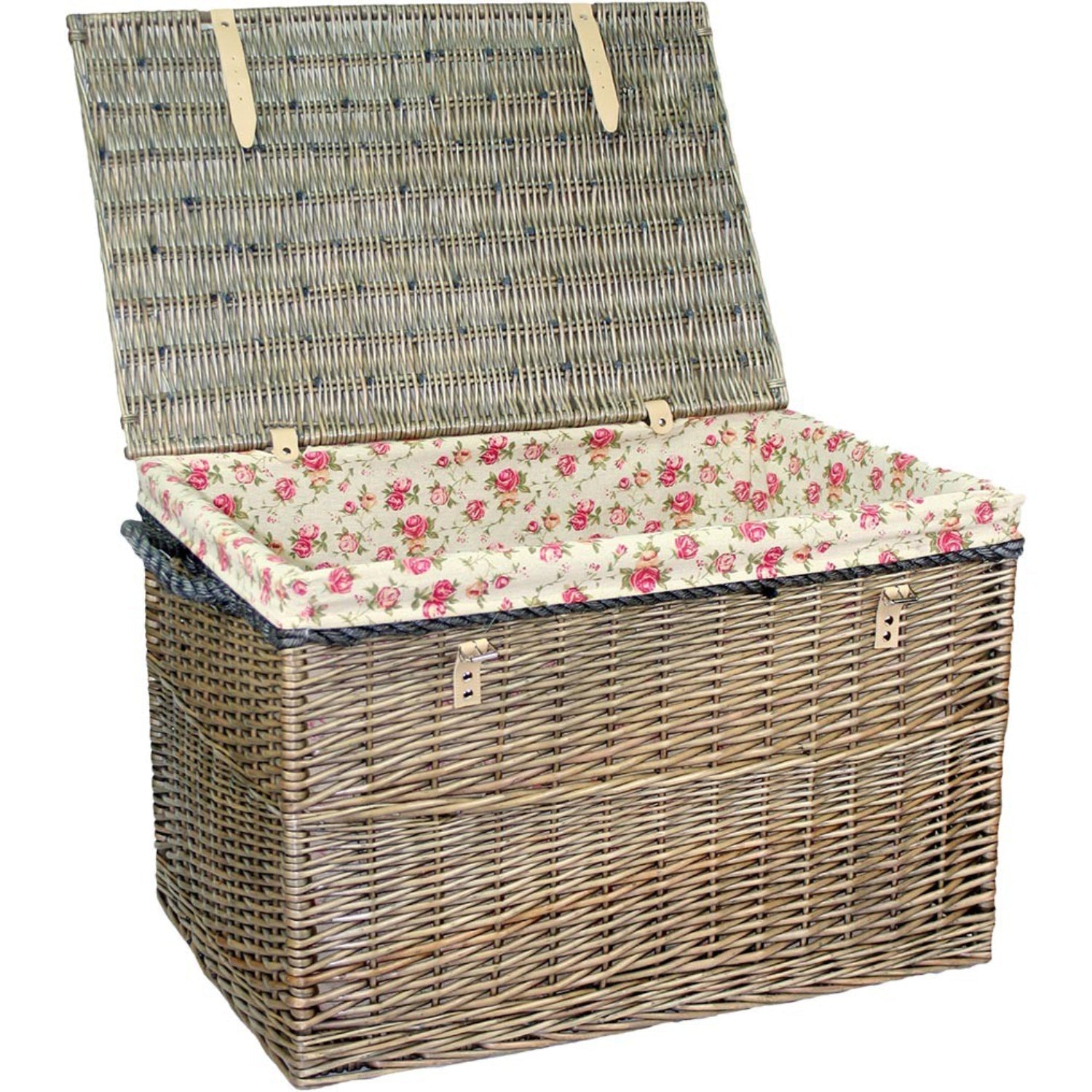 29 Inch Antique Wash Willow Storage Hamper with Rope Handles and Garden Rose Lining - REGN
