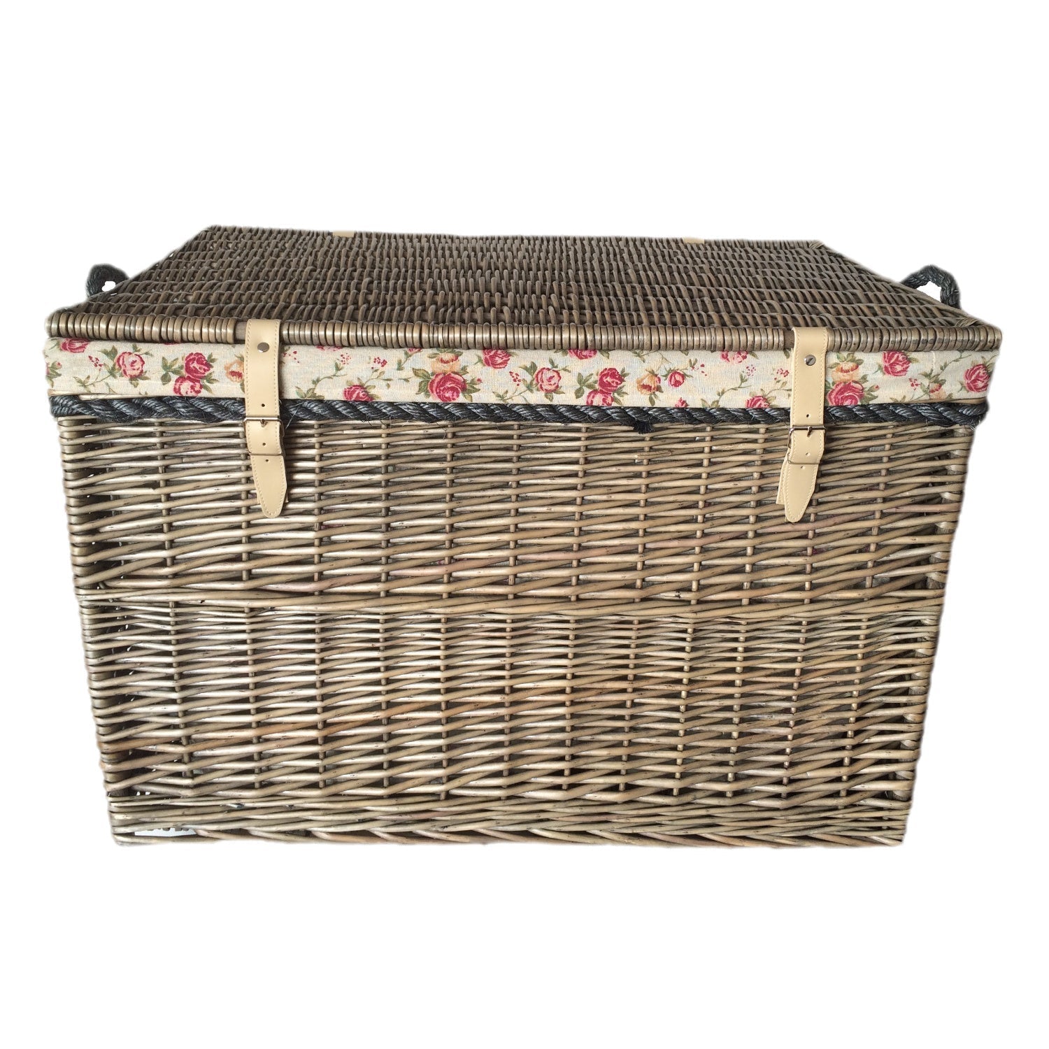 29 Inch Antique Wash Willow Storage Hamper with Rope Handles and Garden Rose Lining - REGN