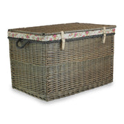 29 Inch Antique Wash Willow Storage Hamper with Rope Handles and Garden Rose Lining - REGN