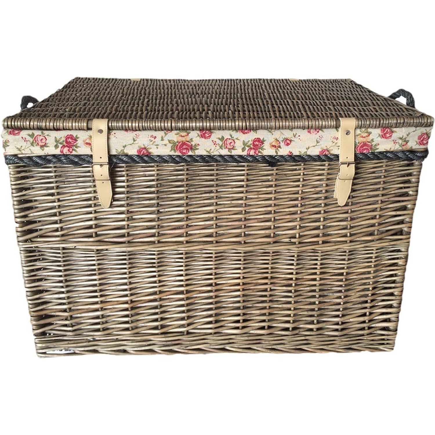 29 Inch Antique Wash Willow Storage Hamper with Rope Handles and Garden Rose Lining - REGN