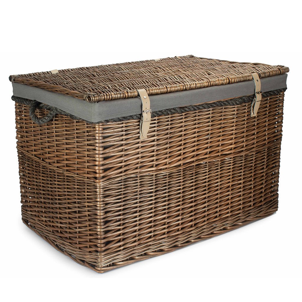 29 Inch Antique Wash Willow Storage Hamper with Rope Handles and Grey Sage Lining - REGN
