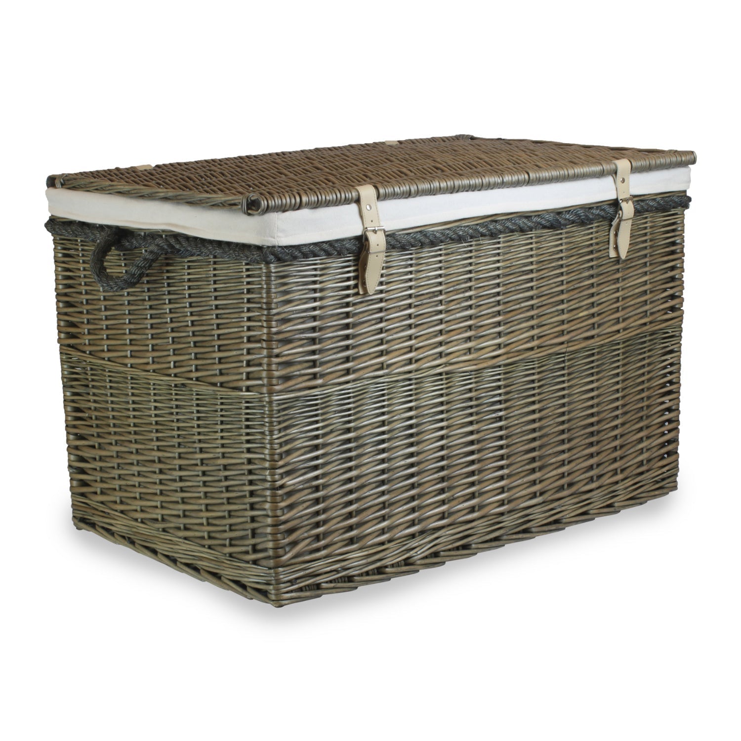 29 Inch Antique Wash Willow Storage Hamper with Rope Handles and White Lining - REGN