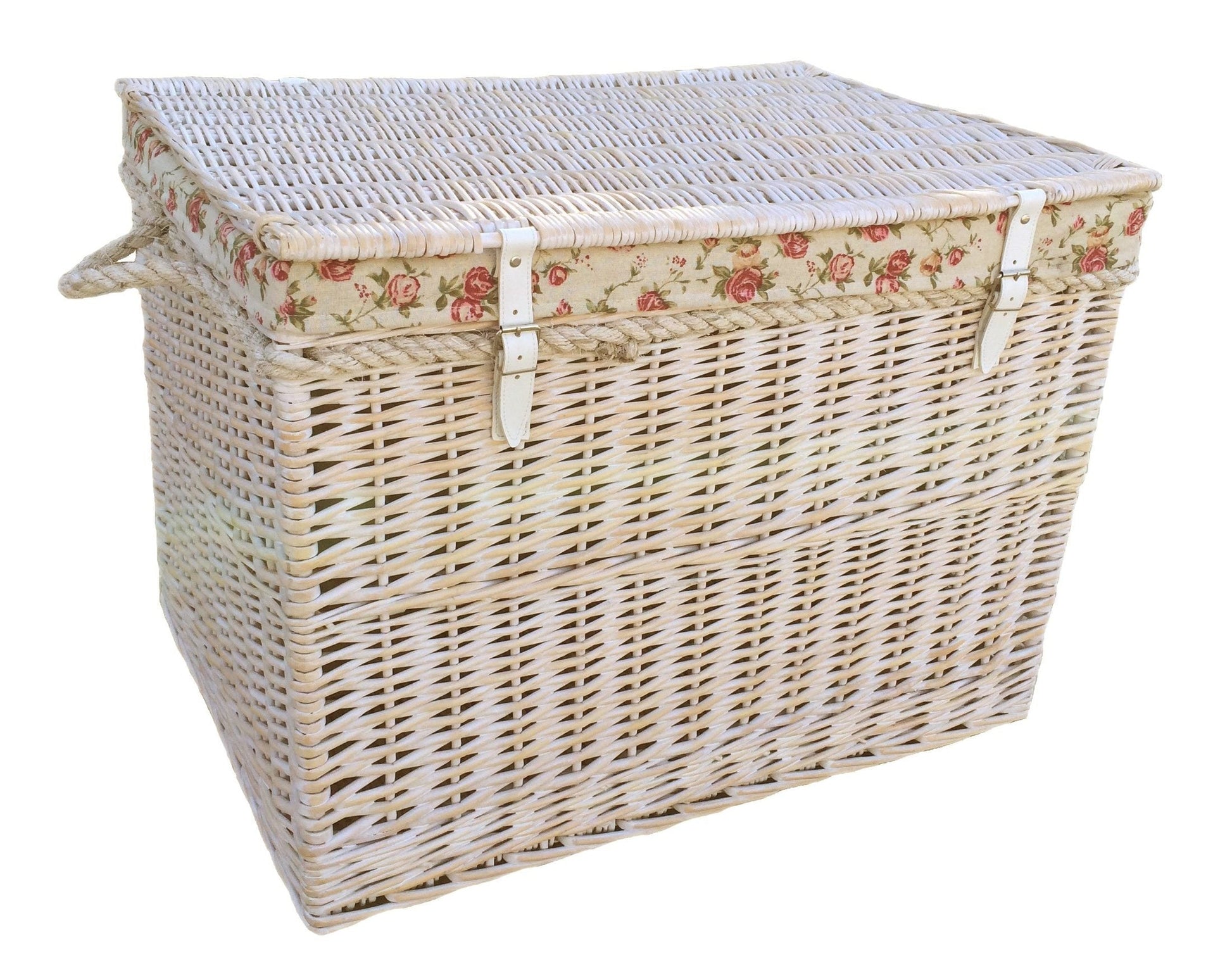 29 Inch White Wash Willow Storage Hamper with Rope Handles and Garden Rose Lining - REGN