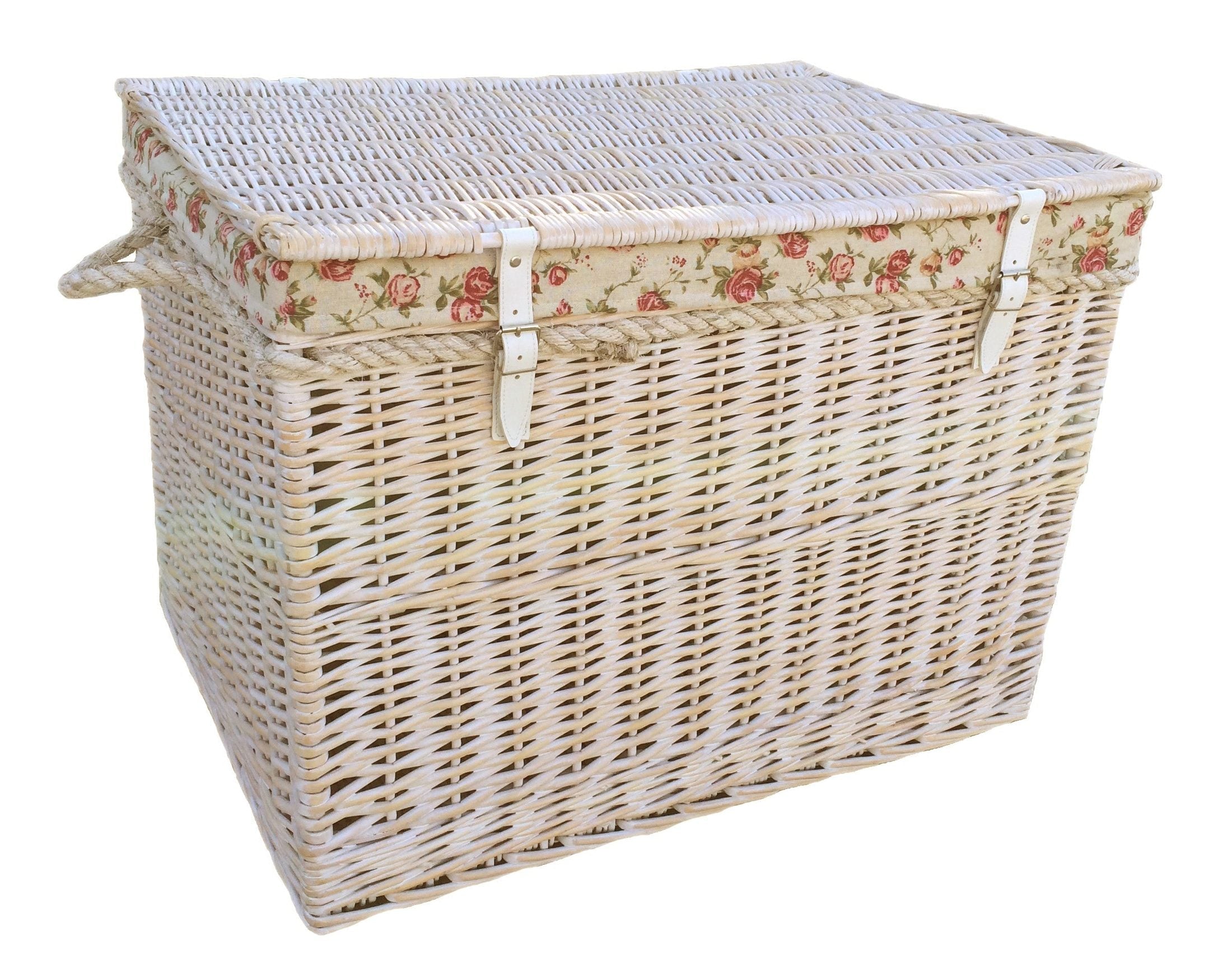 29 Inch White Wash Willow Storage Hamper with Rope Handles and Garden Rose Lining - REGN
