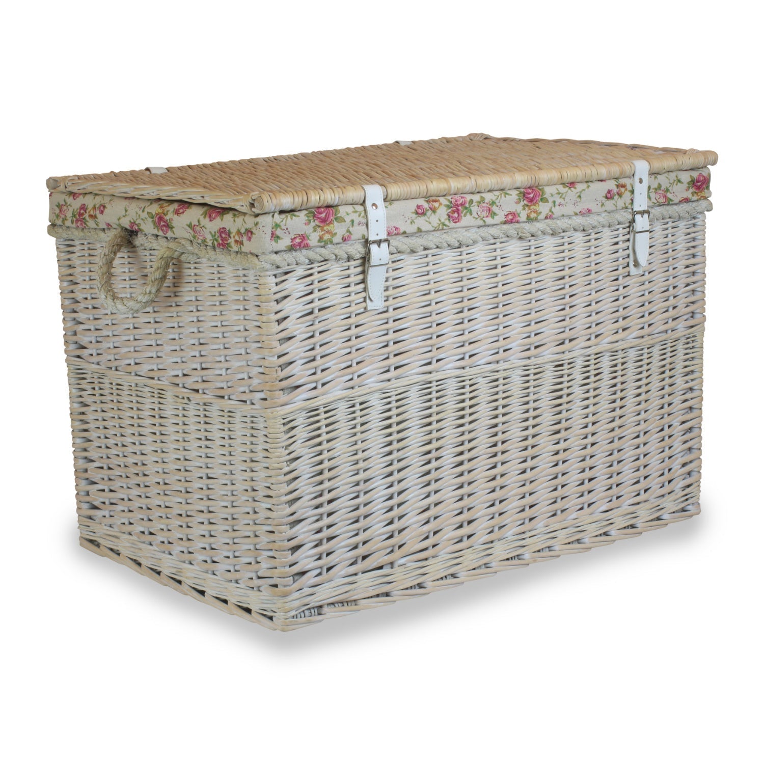 29 Inch White Wash Willow Storage Hamper with Rope Handles and Garden Rose Lining - REGN